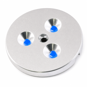 Three puck lights with blue lenses on a silver circular base