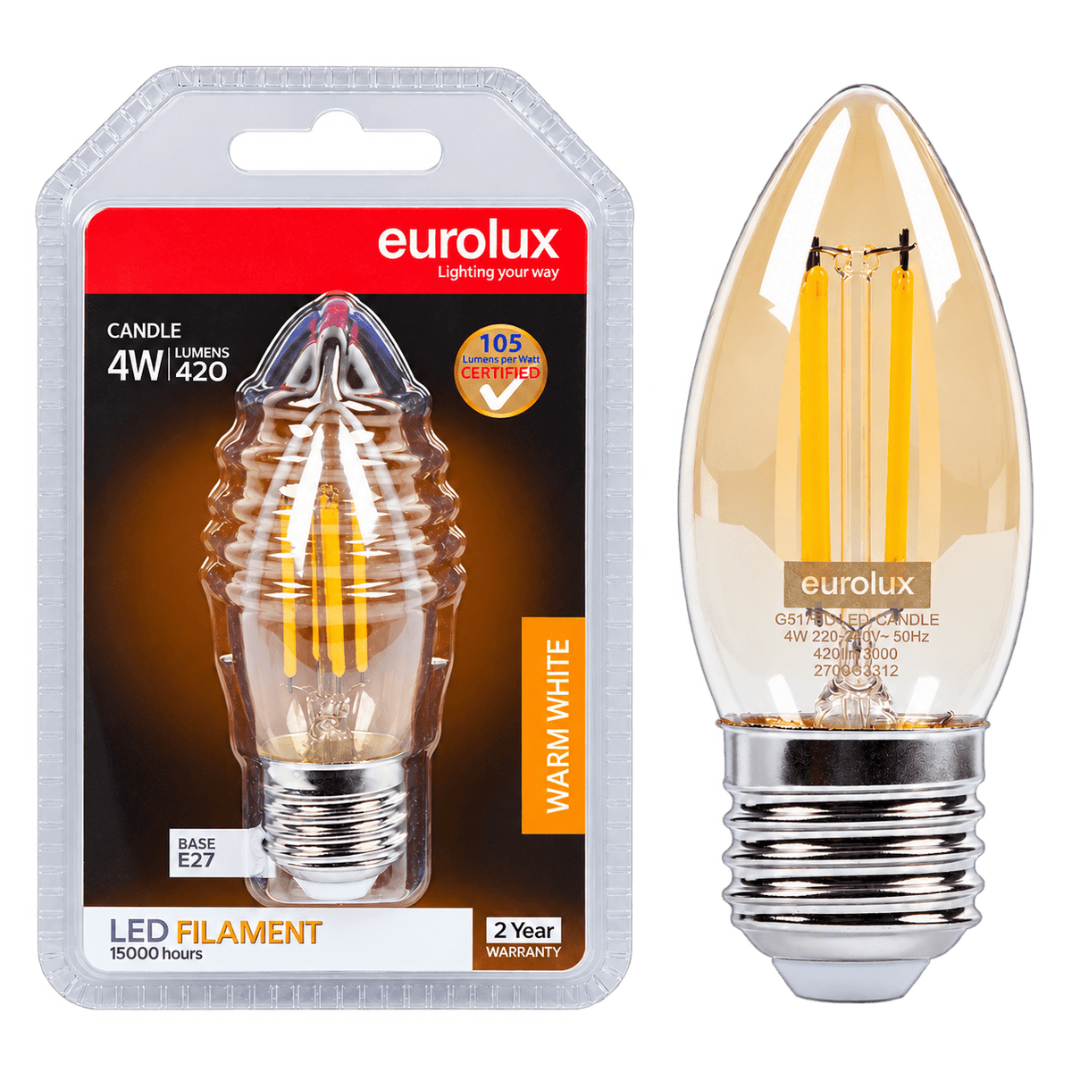 4W Candle Filament LED Bulb – E27, 2700K Warm White