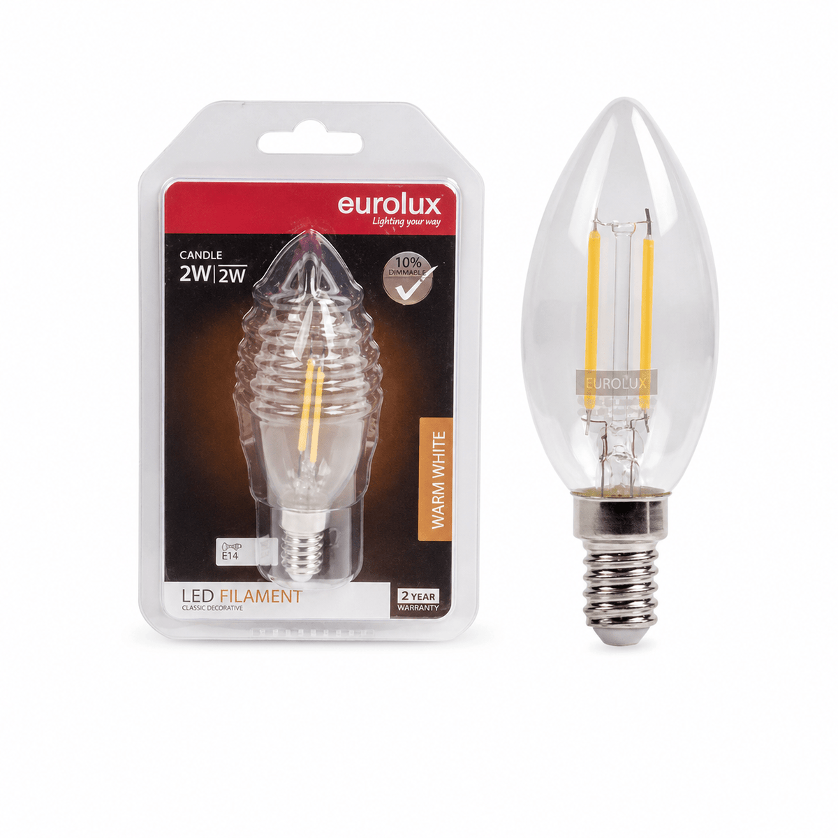2W Candle Filament LED Bulb – E14, 2700K Warm White