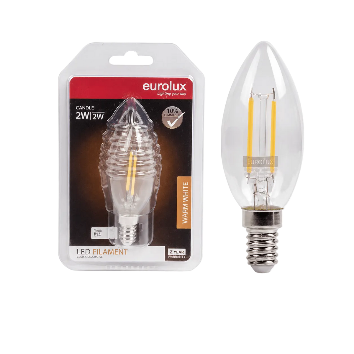 2W Candle Filament LED Bulb – E14, 2700K Warm White