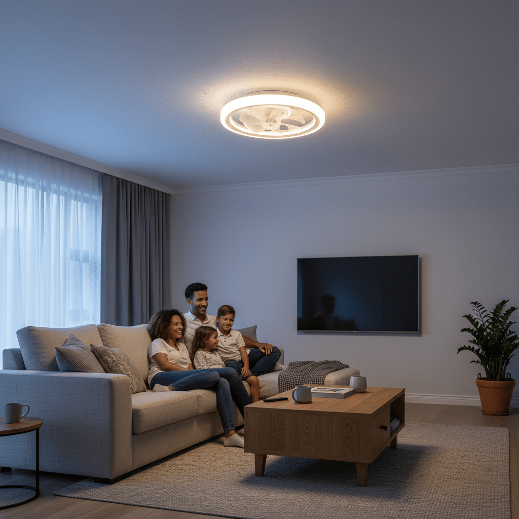 Family enjoying a cozy evening under a modern flush mount ceiling fan in a stylish living room.