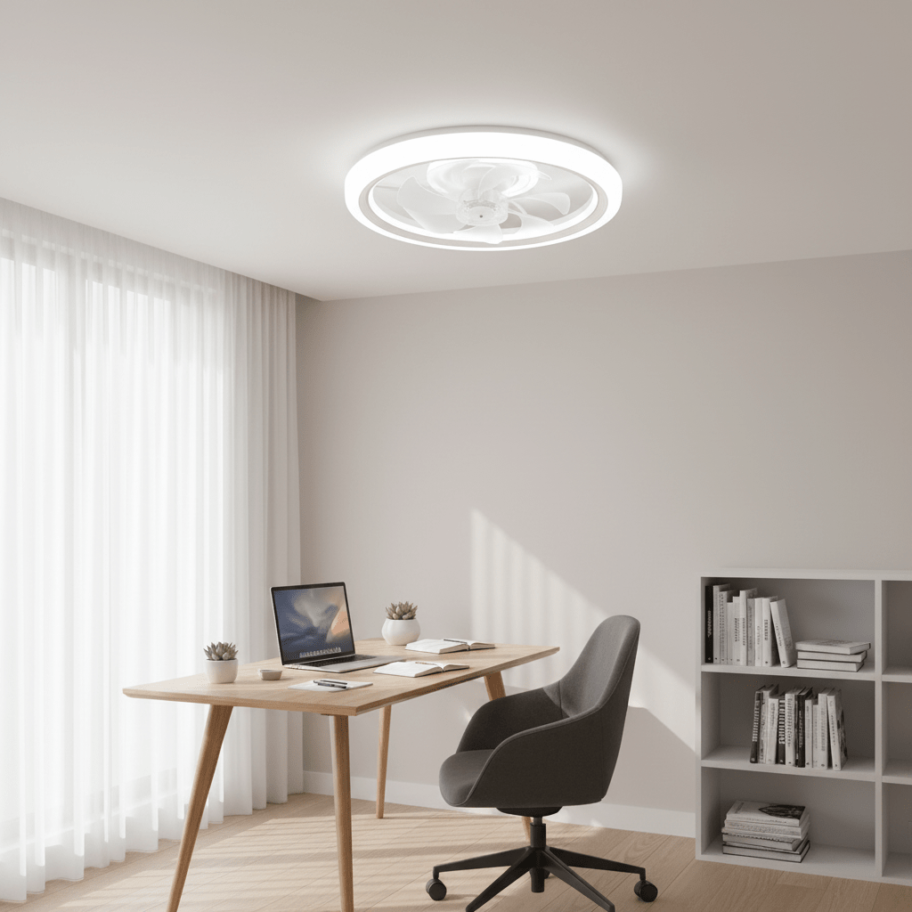Modern flush mount ceiling fan with integrated LED light in a stylish home office setting.