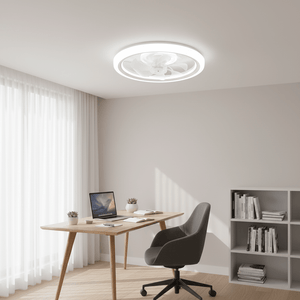Modern flush mount ceiling fan with integrated LED light in a stylish home office setting.