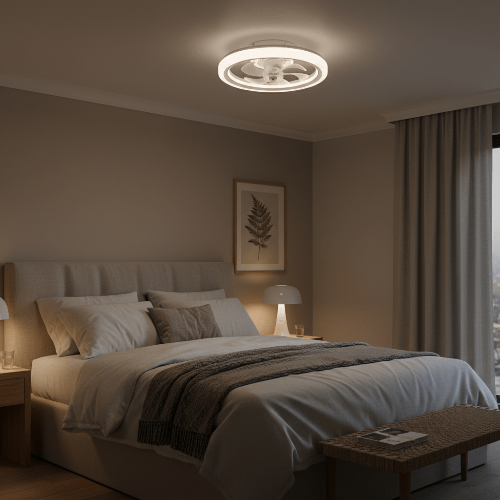 Modern flush mount LED ceiling fan installed in a cozy bedroom setting with soft lighting.