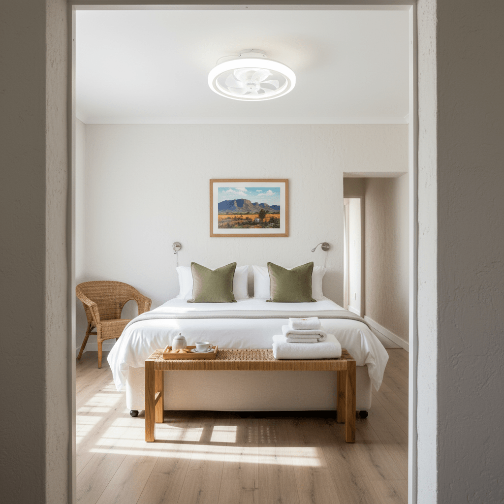 A cozy bedroom featuring a Caledon Flush Mount LED Ceiling Fan, with a bed, decorative pillows, and a woven chair.