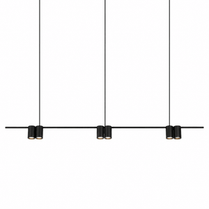 Sleek black linear pendant light with six adjustable light fixtures, ideal for modern interiors.