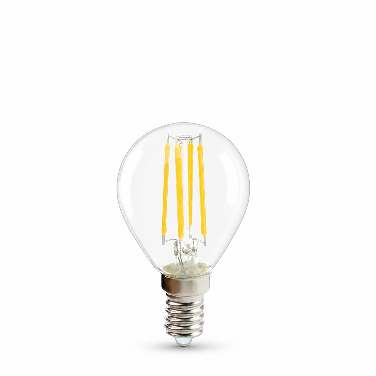 Clear glass E14 LED filament bulb with visible yellow filaments, showcasing a sleek design.