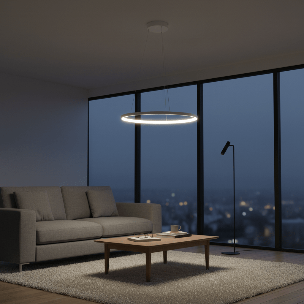 A modern living space featuring a white ring pendant light above a wooden coffee table, with a gray sofa and large windows.