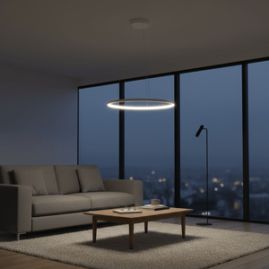 A modern living space featuring a white ring pendant light above a wooden coffee table, with a gray sofa and large windows.