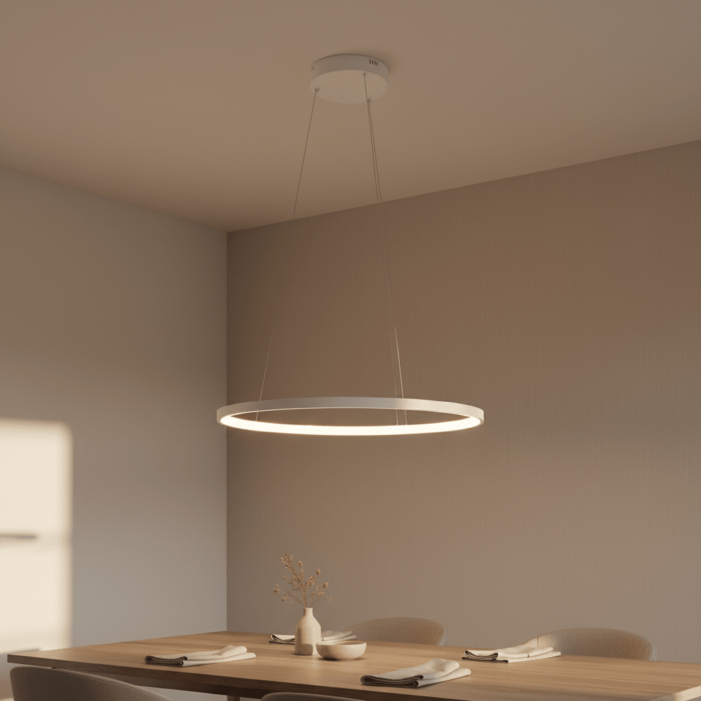 A modern white ring pendant light hangs above a dining table, casting warm light in a contemporary setting.