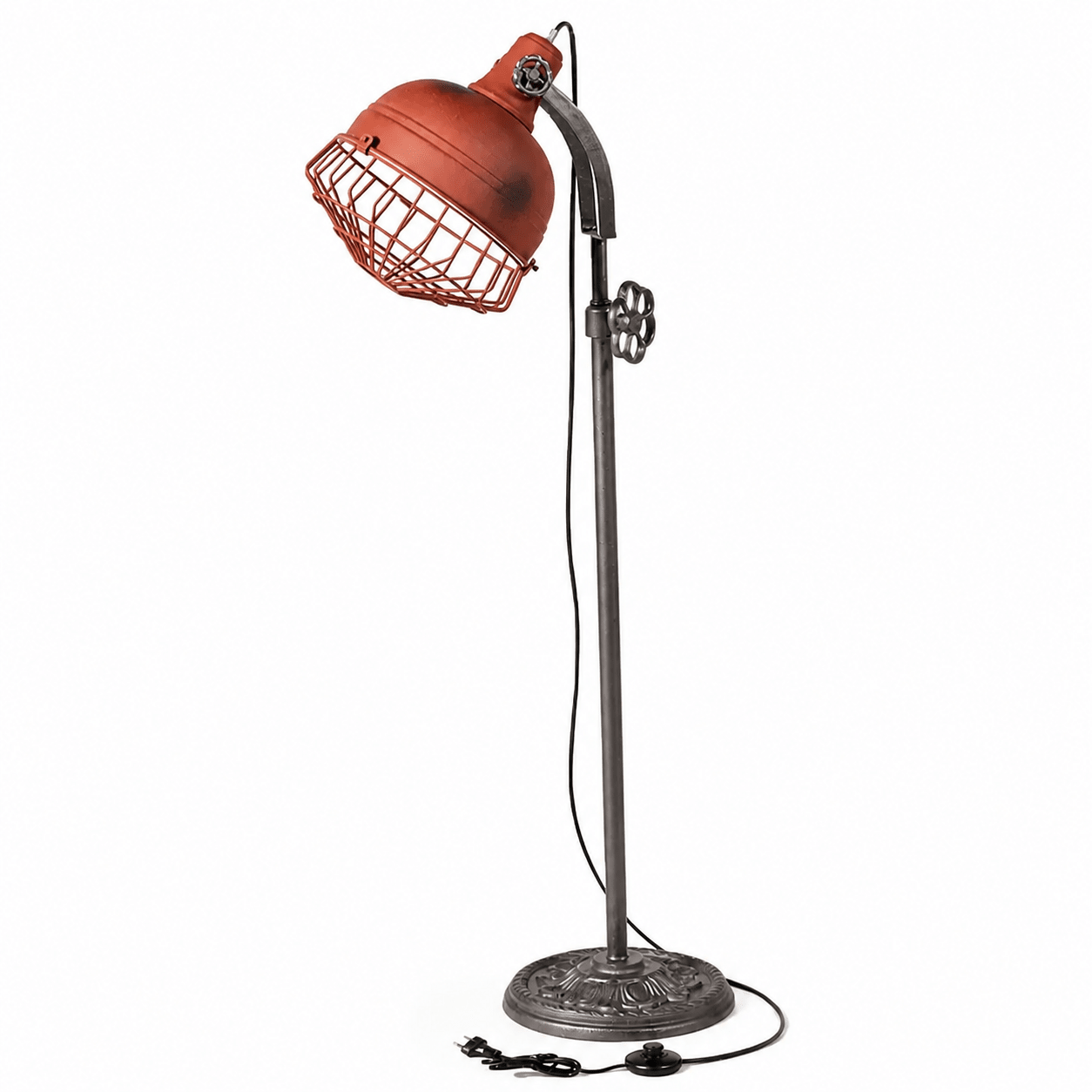 Rustic Urban Forge Floor Lamp with grey steel stand and rustic red shade, featuring industrial wire detail.