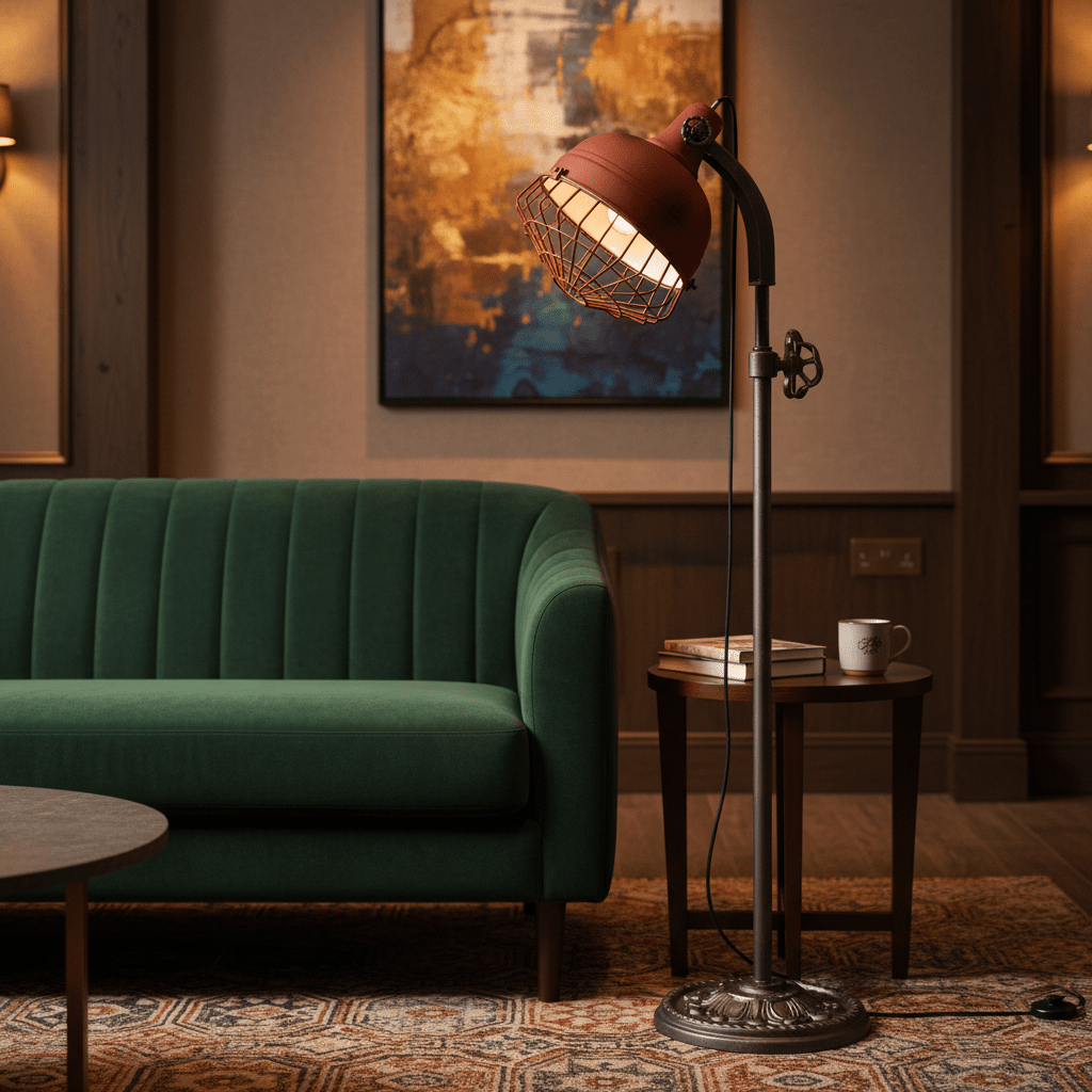 Rustic Urban Forge Floor Lamp beside a green sofa, featuring a red shade and industrial wire detail.
