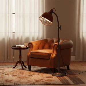 Rustic Urban Forge Floor Lamp beside a brown leather armchair and side table with a book and cup.