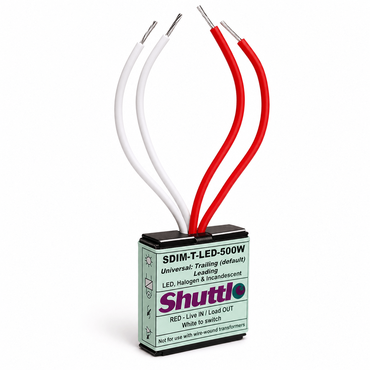 Shuttle LED Dimmer Module with three wires, labeled for installation, showcasing its compact design.