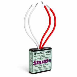 Shuttle LED Dimmer Module with three wires, labeled for installation, showcasing its compact design.