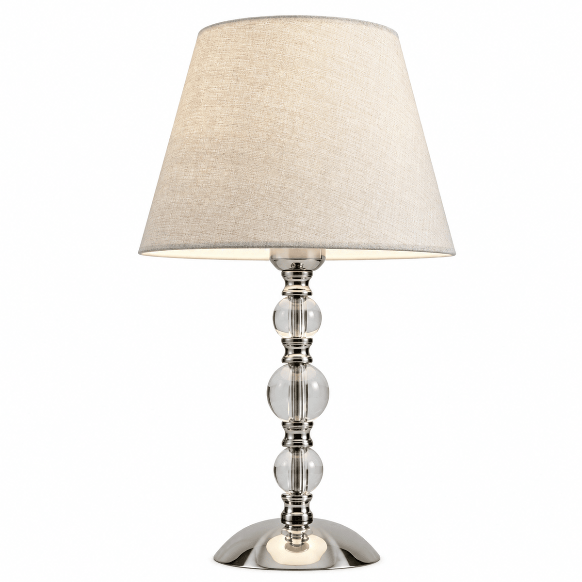 Stylish table lamp featuring a satin chrome base and hessian shade, ideal for warm indoor lighting.