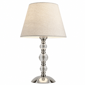 Stylish table lamp featuring a satin chrome base and hessian shade, ideal for warm indoor lighting.
