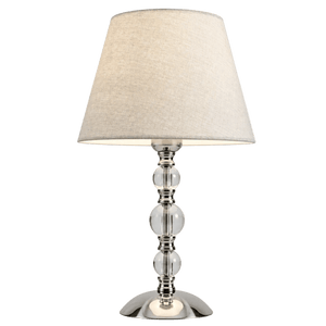 Myrna Satin Chrome Table Lamp with Hessian Shade featuring a sleek design and warm lighting.