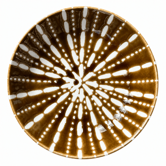 Ceramic flat bowl in burned orange with white detailing, showcasing a unique sea urchin design.