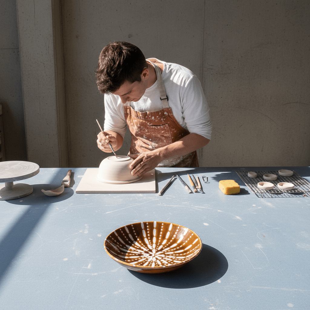 A ceramic flat bowl in burned orange with white speckles sits on a blue table, while a person works on a clay piece nearby.