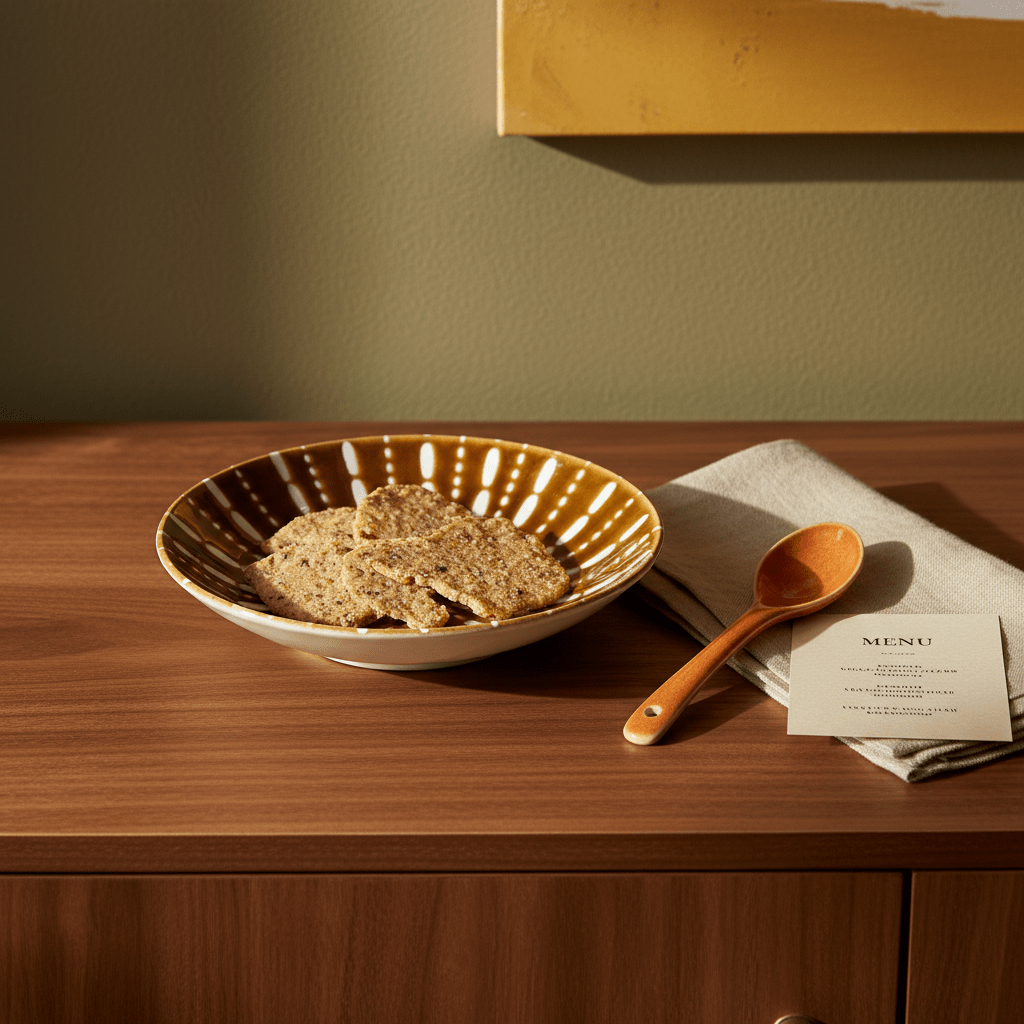 Ceramic flat bowl in burned orange with a sea urchin pattern, holding cookies on a wooden surface with a spoon and napkin.