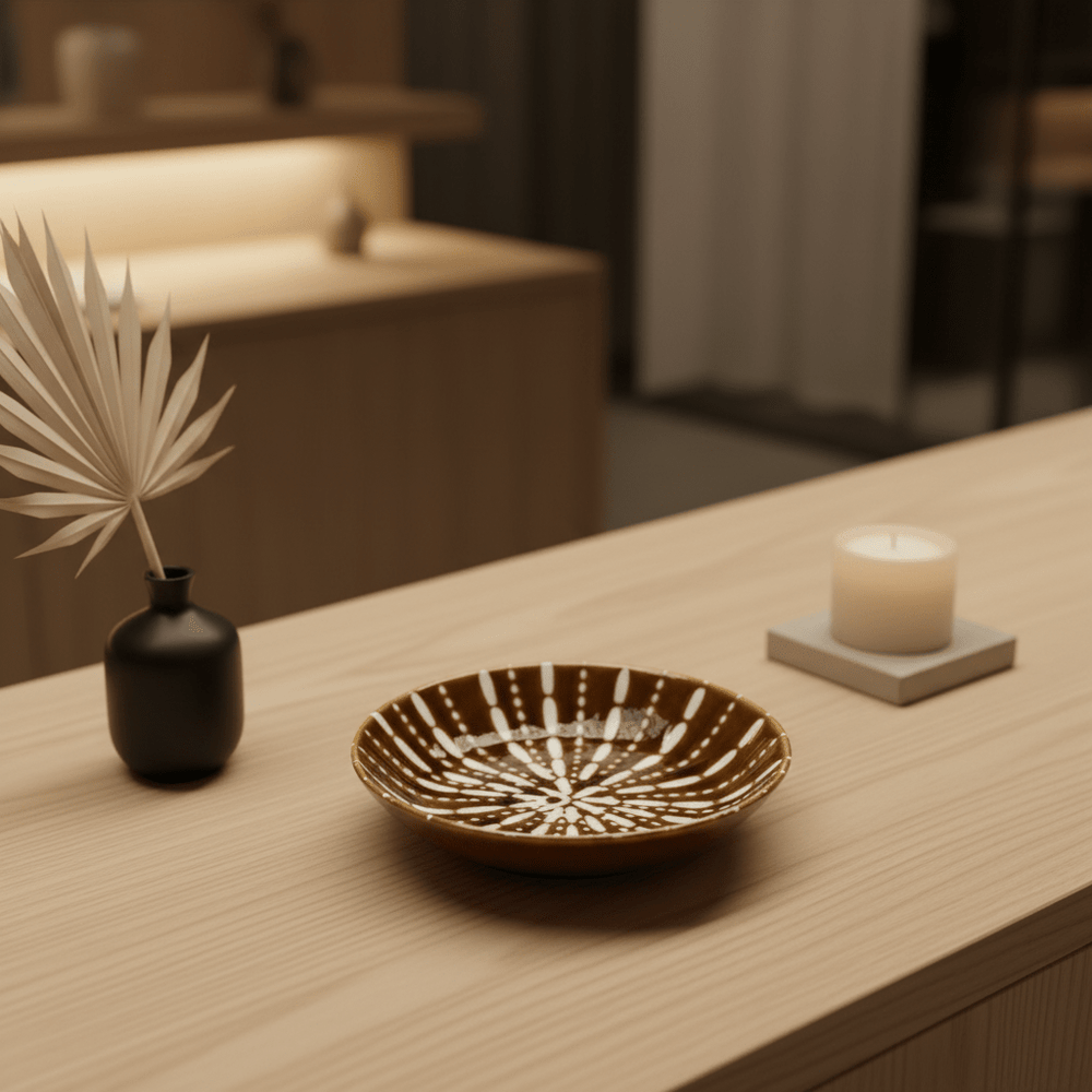Ceramic flat bowl in burned orange with a decorative pattern, placed on a wooden table alongside a candle and vase.