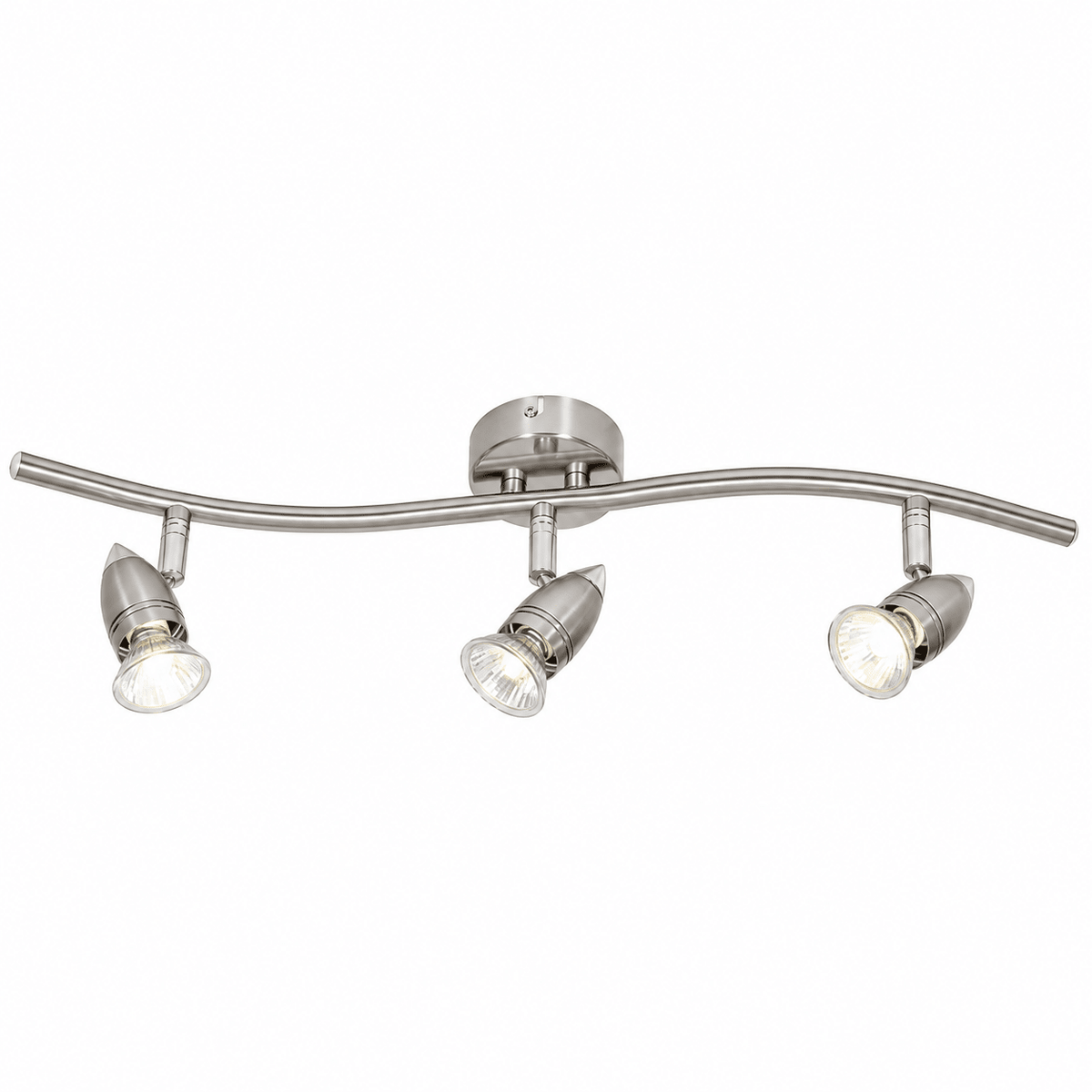 Three‑light ceiling spotlight with curved satin‑polished chrome bar and adjustable heads, shown against a white background.