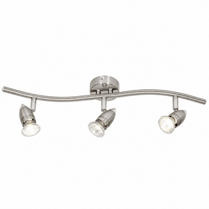 Three‑light ceiling spotlight with curved satin‑polished chrome bar and adjustable heads, shown against a white background.