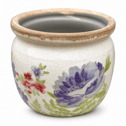 Large ceramic planter featuring a floral design with purple and red flowers on a crackled white background.