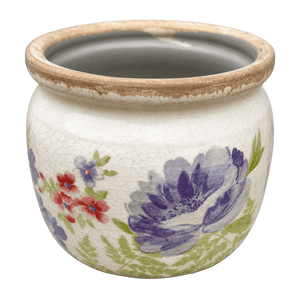 Large ceramic pot with a crackled white finish, featuring purple and red floral designs and a beige rim.
