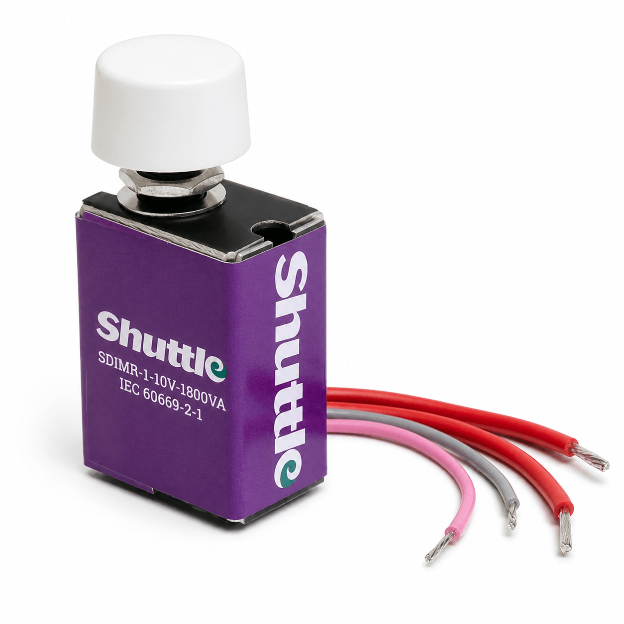 Shuttle LED Dimmer Module with a rotary knob and colored wires for installation.