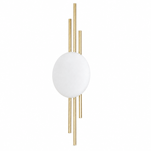Tribar LED Wall Light in gold with three vertical bars and a round white diffuser, showcasing a modern design.