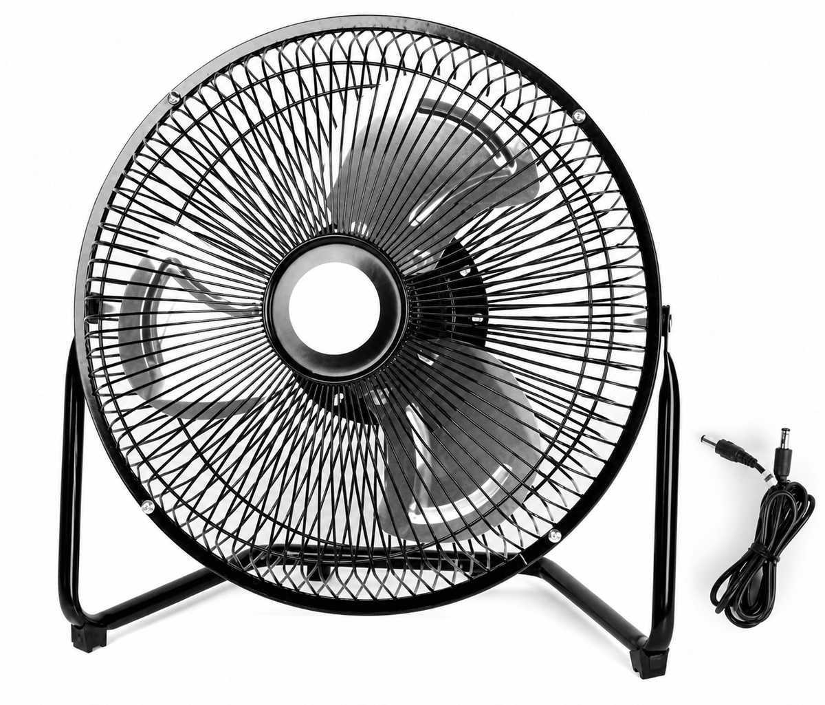 Close-up of a 12V black floor fan showcasing its metal frame and wire mesh design, with power cord visible.