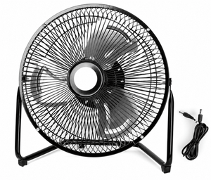 Close-up of a 12V black floor fan showcasing its metal frame and wire mesh design, with power cord visible.