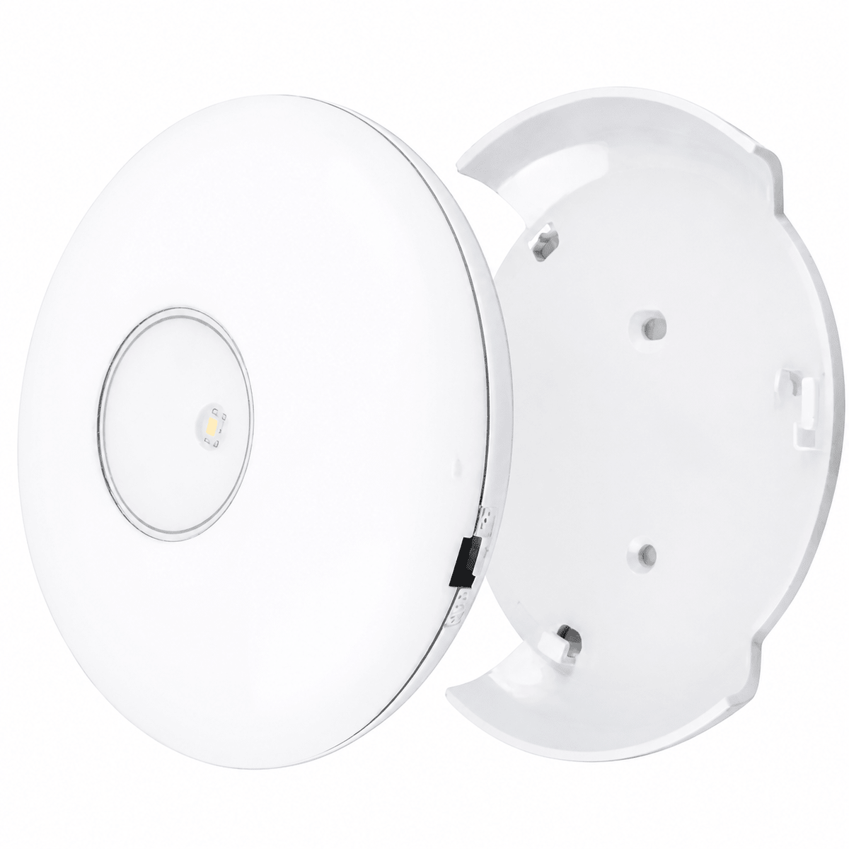 Round battery-operated cabinet light with motion sensor, showcasing a compact design and easy mounting.