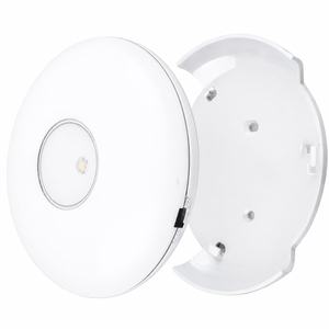 Round battery-operated cabinet light with motion sensor, showcasing a compact design and easy mounting.