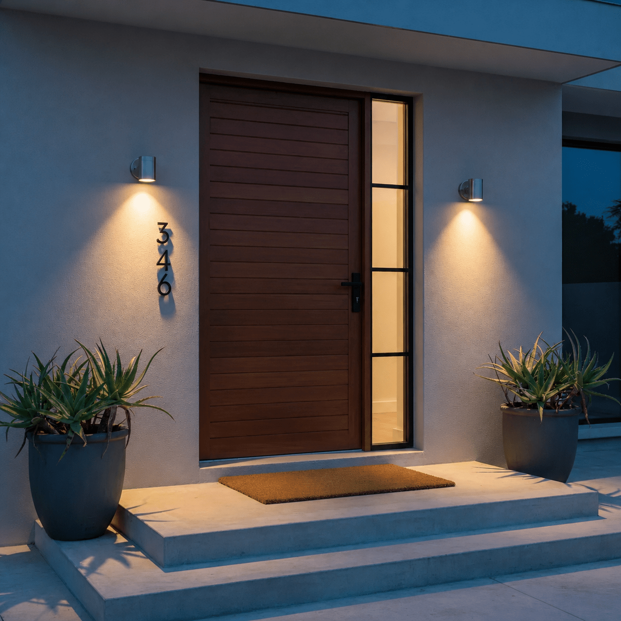 Modern outdoor wall light illuminating entrance with potted plants and a wooden door.