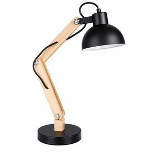 Black metal desk lamp with light wood articulated arm, round base, white interior shade, black cord, silver bolts