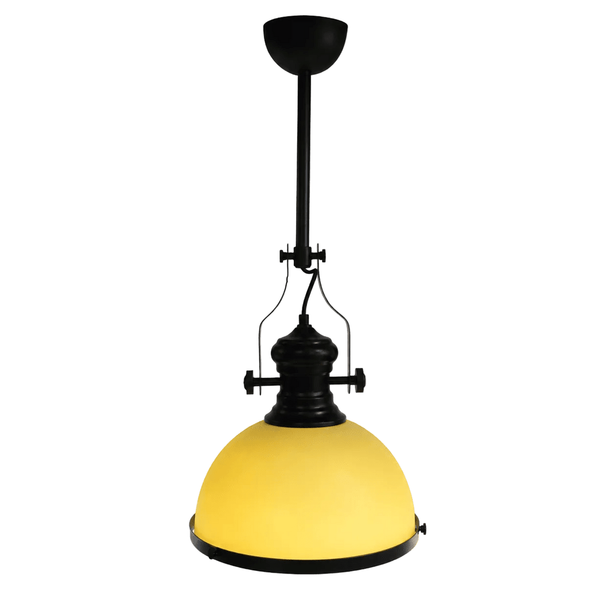 A yellow glass pendant light with a black metal fixture and a rounded dome shape, suspended from a black ceiling mount.