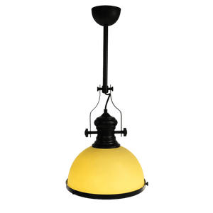 A yellow glass pendant light with a black metal fixture and a rounded dome shape, suspended from a black ceiling mount.