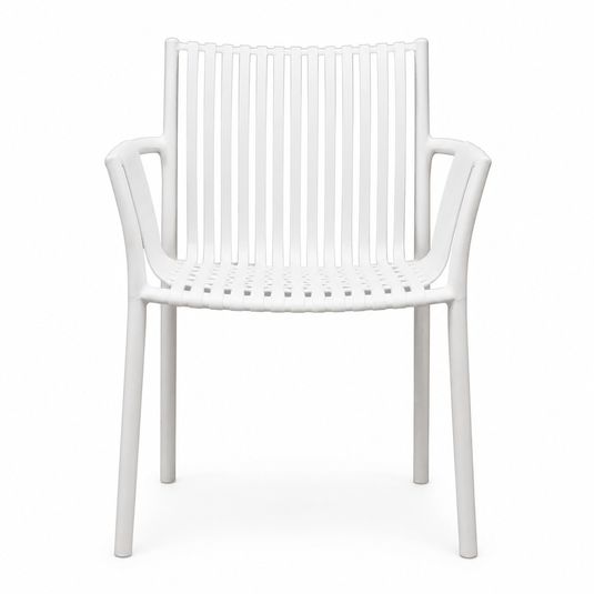 Front view of a stackable white chair with a woven seat design and armrests.