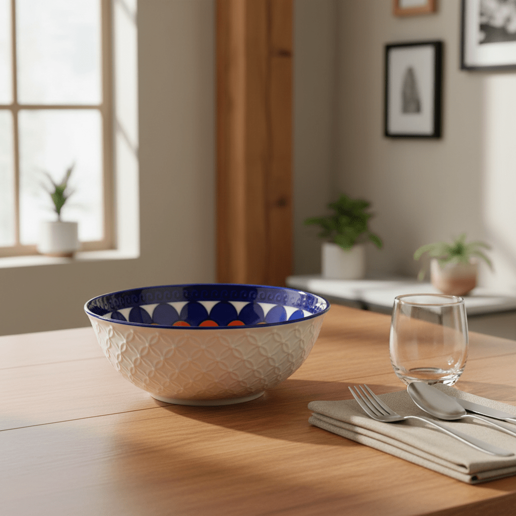 Ceramic bowl with blue, orange, and white scales on a wooden table, accompanied by cutlery and a glass.