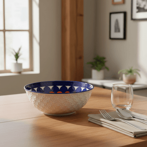Ceramic bowl with blue, orange, and white scales on a wooden table, accompanied by cutlery and a glass.
