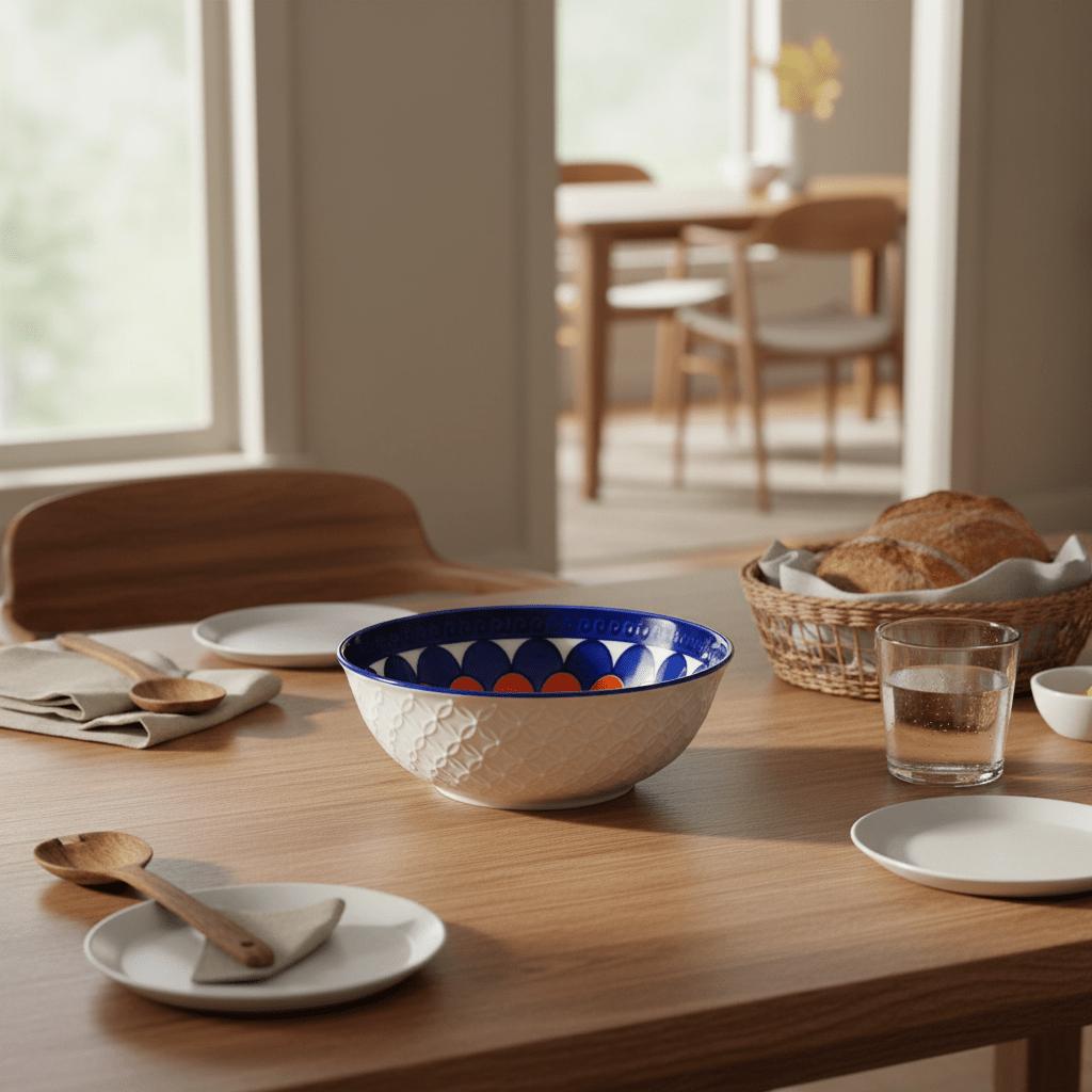 Ceramic bowl with blue, orange, and white scales on a wooden dining table, surrounded by plates and utensils.