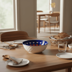 Ceramic bowl with blue, orange, and white scales on a wooden dining table, surrounded by plates and utensils.