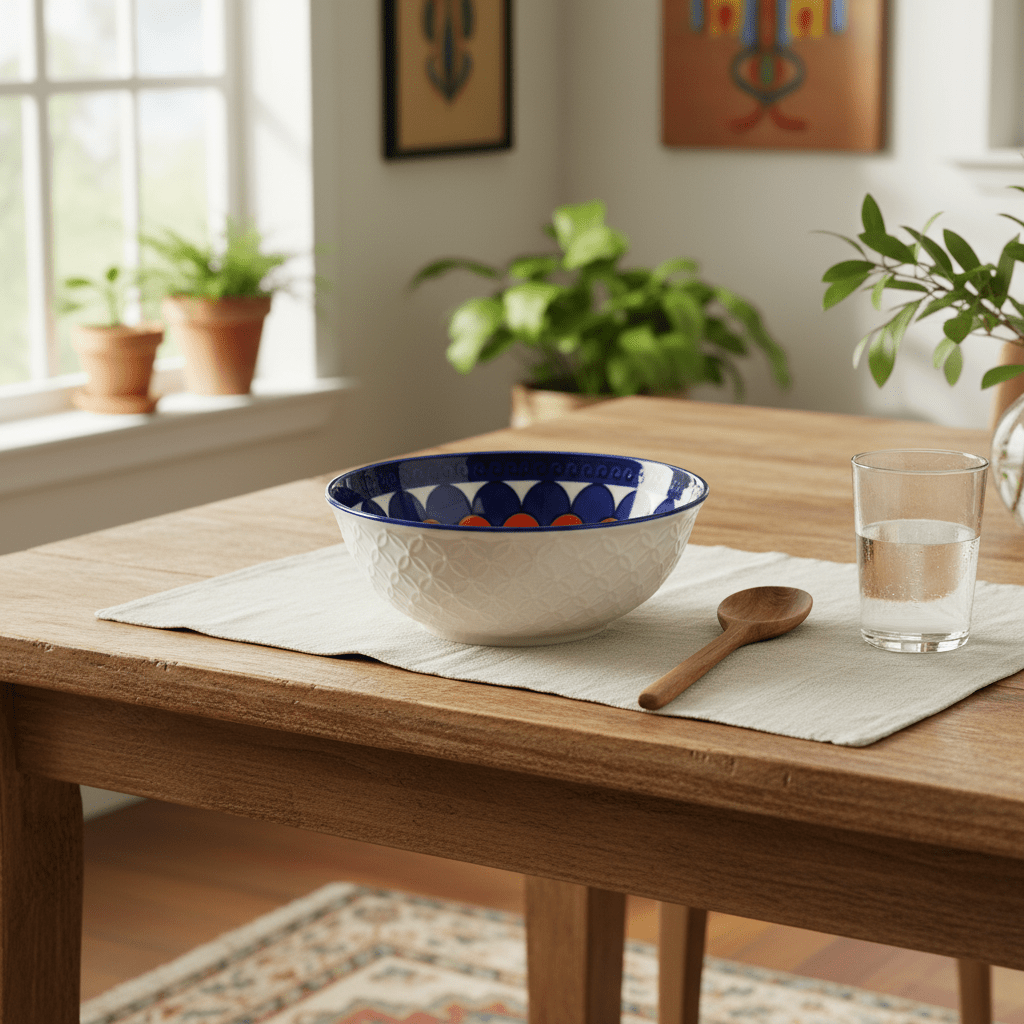 Ceramic bowl with blue, orange, and white scales on a wooden table with a glass of water and a wooden spoon.