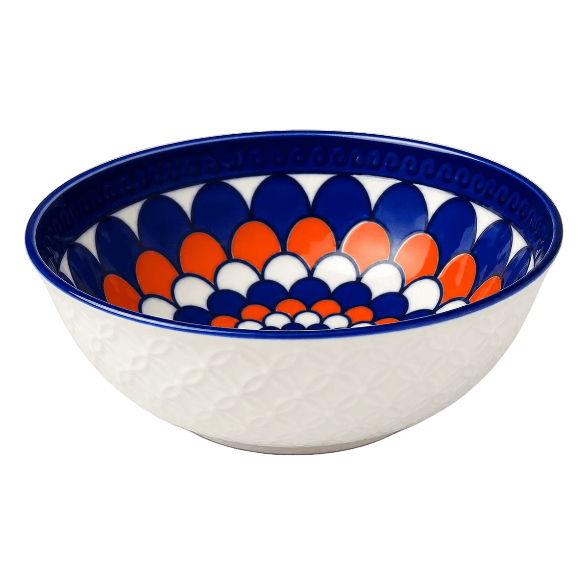 Ceramic bowl featuring a blue, orange, and white scale pattern on the interior and a textured white exterior.