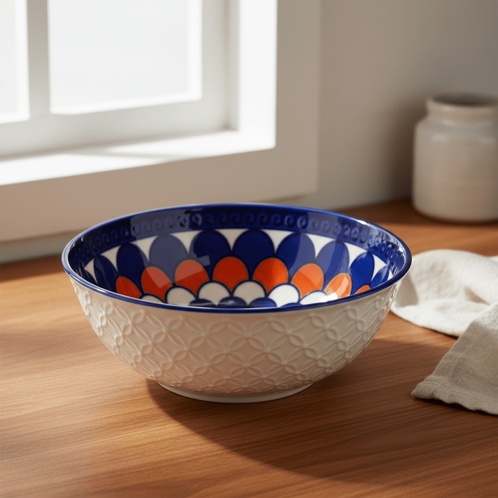 Ceramic bowl with blue, orange, and white scales design on a wooden surface, near a window.