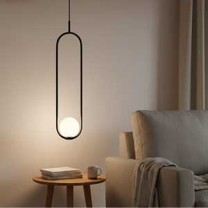 Luna Long G9 Pendant Light in black metal finish with a sleek, vertical design and round glass shade.