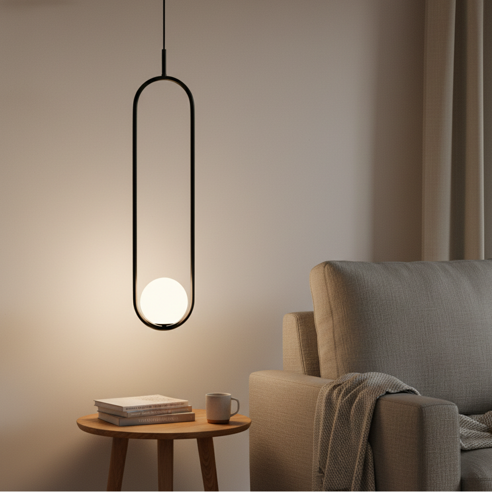 Luna Long G9 Pendant Light in black metal finish with a sleek, vertical design and round glass shade.